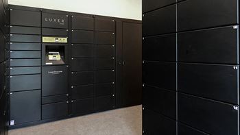 A set of black lockers in a room